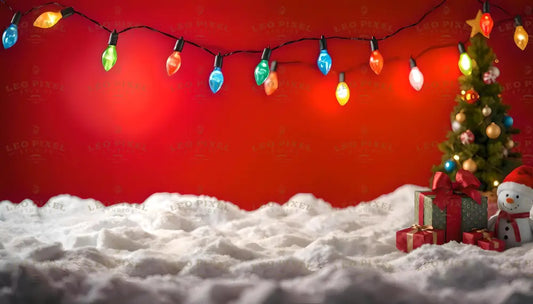 Christmas Lights And Tree On A Red Background Banner Ai Generated Image