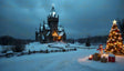 A picturesque winter scene featuring a grand castle aglow with warm, golden light under a moody, cloud-filled sky. A beautifully decorated Christmas tree with glowing ornaments and a cheerful snowman stand in the foreground, surrounded by snow-covered presents and flickering candles. A winding path leads to the castle, completing this enchanting holiday setting. Ai generated image.