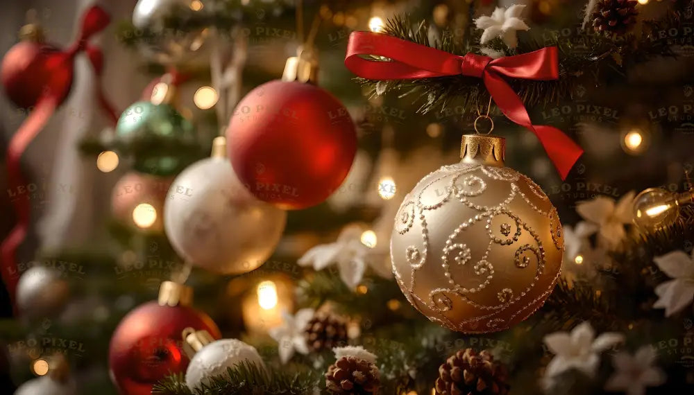 A close-up of a beautifully adorned Christmas tree featuring golden and red ornaments with intricate designs. Delicate ribbons and pinecones enhance the festive ambiance. The soft glow of string lights creates a warm and magical atmosphere, perfect for celebrating the holiday season with elegance and joy. Ai generated image.