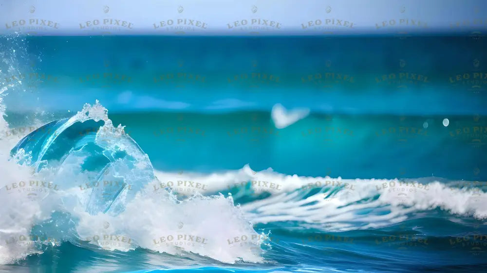 The image captures a vivid ocean scene with a wave breaking in the foreground. The translucent water forms a smooth arc, while white foam sprays outward. The surface reflects shades of blue, from deep navy to bright turquoise. In the background, rolling waves add depth, with a soft blur creating a sense of movement. The bright light enhances the clarity of the water, highlighting its smooth texture. Ai generated. Photography style.