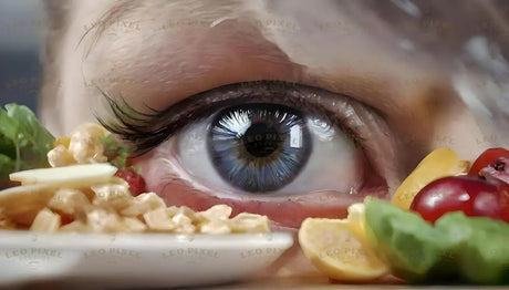 This image shows a striking close-up of a human eye with a vivid blue iris reflecting light. Surrounding the eye are vibrant food items, including fresh green leaves, cherries, and sliced yellow and white foods. The textures are sharply detailed, with the eye’s lashes and food pieces adding contrast to the scene. The focus emphasizes color and detail in an unconventional composition. Ai generated. Photography style.