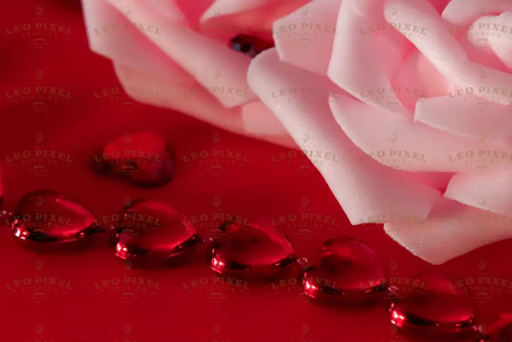 A close-up of two soft pink roses resting on a red surface, their delicate petals curling with a velvety texture. A strand of glossy red heart-shaped beads stretches across, reflecting light with a deep shine. Scattered heart gems add detail, their facets catching subtle highlights. The rich contrast between the pale roses and vibrant red elements creates a visually striking composition. Photography.