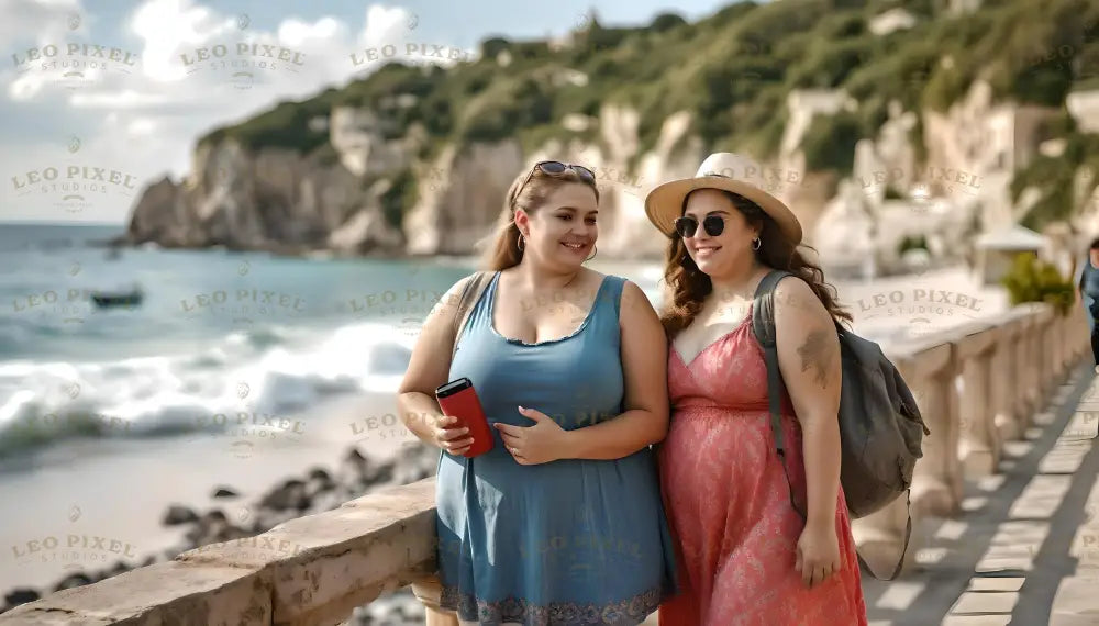 Two women stand by a stone railing near a coastal area. One wears a blue dress and holds a red phone, smiling, while the other, in a pink dress, sports a sun hat, sunglasses, and a backpack. Behind them, cliffs covered with greenery rise above the ocean, and waves crash gently on the shore. The bright sunlight enhances the natural beauty, creating a relaxed and cheerful atmosphere. Ai generated. Photography style.