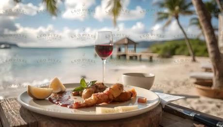 A plate with gourmet seafood, garnished with fresh herbs and sauce, rests on a rustic wooden table overlooking a tranquil beach. A glass of red wine complements the dish, alongside a bowl and cutlery. In the background, a calm sea shimmers under soft sunlight, with a wooden pier and lush greenery adding to the serene tropical ambiance. The scene exudes relaxation and elegance. Ai generated. Photography style.