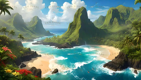 A stunning tropical coastline with vibrant turquoise water flows against sandy beaches. Towering green cliffs rise dramatically, covered in lush vegetation. Colorful flowers and tall palm trees frame the scene. Waves crash onto rocky outcrops, while clear skies with fluffy white clouds add depth to the serene setting. Hidden waterfalls add to the enchanting landscape. Ai generated. Digital art style.