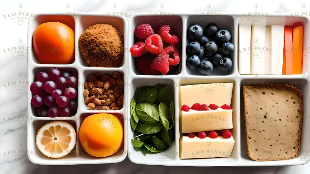 A neatly arranged bento-style platter with small compartments showcasing vibrant, fresh foods. It includes juicy orange slices, crumbly brown sugar, bright raspberries, plump blueberries, crisp vegetable sticks, purple grapes, a lemon slice, whole almonds, fresh green basil, cheese slices with raspberries, and a slice of bread. The presentation is clean and visually pleasing. Ai generated. Photography style.