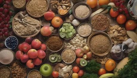 The image shows a rich assortment of fruits, seeds, and grains spread across a wooden surface. Red apples, green grapes, blueberries, and kiwis are mixed with grains, nuts, and garlic in small bowls. Tomatoes, bananas, and broccoli add variety. The arrangement displays a natural mix of textures and colors, highlighting fresh and dried food items in an organized layout. Ai generated. Photography style.