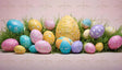 The image features a vibrant assortment of Easter eggs nestled in green grass. The eggs are painted in pastel colors like pink, blue, yellow, and lavender, adorned with polka dots, floral patterns, and delicate designs. A larger, intricately decorated yellow egg stands out as the centerpiece. The soft pink background adds a cheerful, festive touch to the arrangement. Ai generated. Photography style.