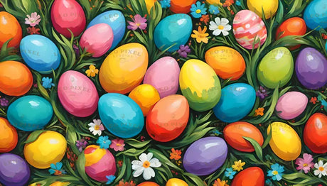 A vibrant composition of brightly colored Easter eggs scattered across a lush green field of grass. The eggs feature a smooth, glossy finish in a variety of shades including pink, yellow, blue, orange, and purple. Small wildflowers such as daisies and bluebells peek out from the grass, adding a delicate touch to the cheerful and festive scene. Ai generated. Digital art style.