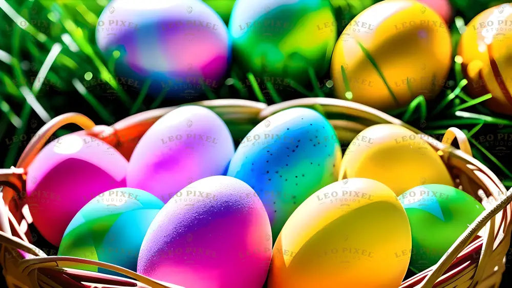 A close-up of a woven basket filled with glossy, multicolored Easter eggs in shades of pink, blue, yellow, green, and purple, some featuring speckled details. The eggs reflect light, creating a shiny effect. More decorated eggs are scattered in the vibrant green grass in the background, with soft sunlight enhancing the colors. The focus is sharp on the basket, while the background is slightly blurred. Ai generated. Photography style.