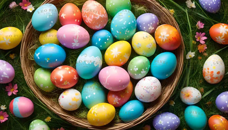 The image showcases a vibrant collection of decorated Easter eggs nestled in a wicker basket, surrounded by green grass and small, colorful flowers. The eggs display a variety of bright pastel hues, adorned with intricate patterns such as flowers, dots, and abstract designs. The scene is cheerful and lively, with a playful mix of textures and a natural, festive atmosphere. Ai generated. Photography style.