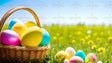 A close-up of a woven basket filled with smooth, glossy Easter eggs in shades of yellow, blue, pink, and white, with small black speckles. Some eggs rest on the green grass beside the basket. The background shows a blurred green field dotted with small yellow flowers under a clear blue sky. The sunlight highlights the eggs, creating soft reflections on their surfaces. Ai generated. Photography style.