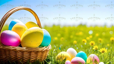 A close-up of a woven basket filled with smooth, glossy Easter eggs in shades of yellow, blue, pink, and white, with small black speckles. Some eggs rest on the green grass beside the basket. The background shows a blurred green field dotted with small yellow flowers under a clear blue sky. The sunlight highlights the eggs, creating soft reflections on their surfaces. Ai generated. Photography style.