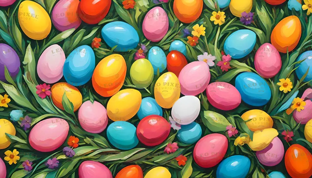 A delightful array of Easter eggs in vivid colors, including pink, yellow, blue, orange, and white, scattered across a lush bed of green leaves. Small, vibrant flowers in yellow, red, purple, and pink are interspersed among the eggs, creating a cheerful and festive scene. The glossy eggs and fresh blooms combine to form a visually captivating composition. Ai generated. Digital art style.