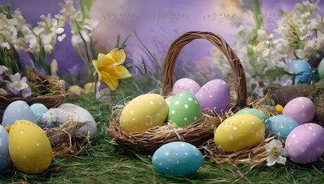 Brightly colored eggs with polka dots rest in wicker baskets and on soft green grass. The eggs are pastel shades of yellow, green, pink, blue, and purple, adding a cheerful touch. Fresh spring flowers, including yellow daffodils and white blossoms, surround the scene. A soft purple background enhances the colorful, festive, and natural springtime setting. Ai generated. Photography style.