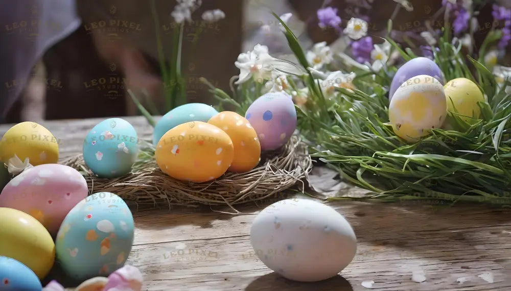 Brightly colored eggs with polka dots and patterns rest on nests made of straw and green grass. The eggs are blue, yellow, orange, pink, and purple, adding a playful touch. Fresh spring flowers in white, purple, and yellow surround the scene, creating a cheerful and natural look. The wooden surface and soft light add warmth, perfect for a spring or Easter theme. Ai generated. Photography style.