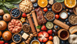 A flat lay of various fresh and dried foods on a dark surface. The image includes sliced citrus fruits, tomatoes, blueberries, onions, and strawberries. Wooden bowls hold grains, nuts, and yogurt. A glazed piece of meat is placed at the center. Rolling pins and fresh green leaves are scattered around. The arrangement highlights rich textures and vibrant colors, creating a visually balanced composition. Ai generated. Photography style.