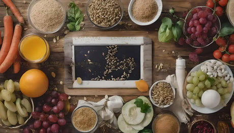 The image shows an assortment of fresh and dry foods spread across a wooden surface. Carrots, orange juice, basil leaves, and grapes surround a small black chalkboard. Bowls hold sunflower seeds, powder, and sliced zucchini. White beans, green grapes, and cherry tomatoes add vibrant color. The arrangement highlights natural foods with textures and colors carefully displayed. Ai generated. Photography style.