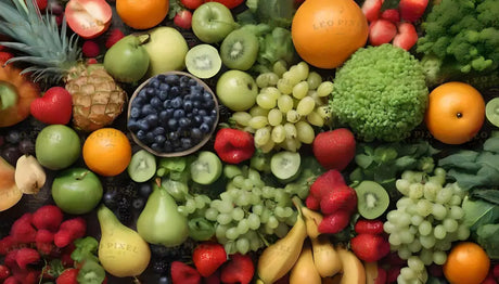 A vibrant mix of fruits and vegetables, including green apples, bananas, pears, oranges, strawberries, blueberries, and kiwis. Pineapple, broccoli, and leafy greens add texture. A wooden bowl holds plump blueberries, while grapes and raspberries are scattered. The assortment is arranged densely, showcasing a rich variety of colors and textures. Ai generated. Photography style.