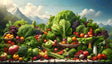 A vibrant arrangement of fresh fruits and vegetables displayed on a stone surface. The assortment includes lettuce, broccoli, apples, oranges, tomatoes, grapes, and berries in baskets and bowls. Behind the produce, rolling green hills and mountains stretch under a clear blue sky, with white clouds and birds adding to the serene, natural atmosphere. Ai generated. Digital art style.