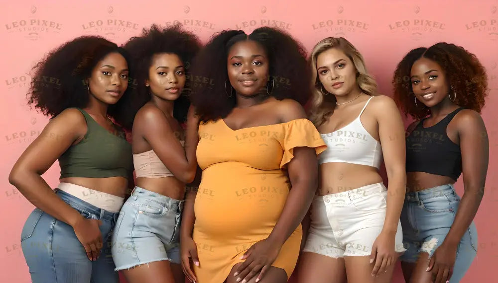 Five women pose confidently against a pink backdrop. Their outfits showcase casual summer styles, including crop tops in green, beige, white, and black, paired with denim shorts or a mustard dress. Each woman has unique hairstyles, ranging from natural curls to wavy hair. Their warm expressions and relaxed postures highlight their individuality and style. Ai generated. Photography style.