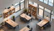 A bright, organized office scene viewed from an isometric perspective, showcasing clean desks, ergonomic chairs, and minimalist shelving units. Natural light floods through large windows, illuminating the neutral tones and vibrant greenery. The layout promotes productivity and collaboration, reflecting a modern and functional workspace design. Ai generated image.