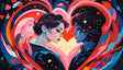 This vibrant artwork captures two women facing each other, their profiles outlined against a glowing heart. The cosmic background features swirling galaxies, planets, and cascading heart motifs in red, pink, and blue hues. Their gazes convey intimacy and connection, while their presence is framed by flowing, colorful energy, symbolizing love transcending the universe. Ai generated. Psychedelic style.