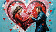 A man and woman stand at the forefront of a colossal, textured heart painted in vibrant shades of red and pink, bordered by striking blues. Each holds a heart symbol, connecting their gestures in a meaningful exchange. The painting blends raw strokes, dripping paint, and scattered heart motifs, evoking passion and artistic depth. Their attire, a bold red jacket and leather, amplifies their intensity. Ai generated. Acrylic painting style.