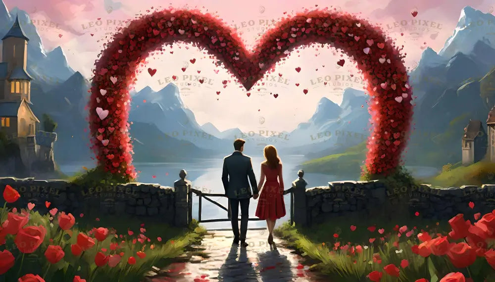 A couple walks hand in hand toward a breathtaking lake, framed by towering mountains bathed in soft light. Above them, a massive heart-shaped arch of red petals scatters into the sky, creating a magical canopy. Lush fields of vibrant red flowers and an ancient stone wall add to the enchantment, as the serene water reflects the beauty of the scene. The digital art style evokes romance and wonder. Ai generated image.