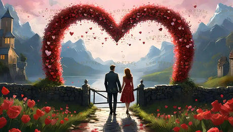 A couple walks hand in hand toward a breathtaking lake, framed by towering mountains bathed in soft light. Above them, a massive heart-shaped arch of red petals scatters into the sky, creating a magical canopy. Lush fields of vibrant red flowers and an ancient stone wall add to the enchantment, as the serene water reflects the beauty of the scene. The digital art style evokes romance and wonder. Ai generated image.