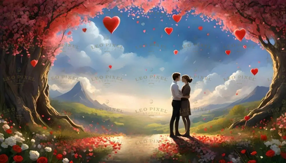 A picturesque scene of love unfolds as a couple stands embraced beneath a canopy of vibrant pink blossoms forming a natural arch. Heart-shaped balloons float against a bright blue sky, while petals cascade gently over a verdant meadow. Distant mountains and golden sunlight complete the tranquil and romantic atmosphere, capturing the timeless beauty of love and nature's harmony Ai generated. Digital art style.