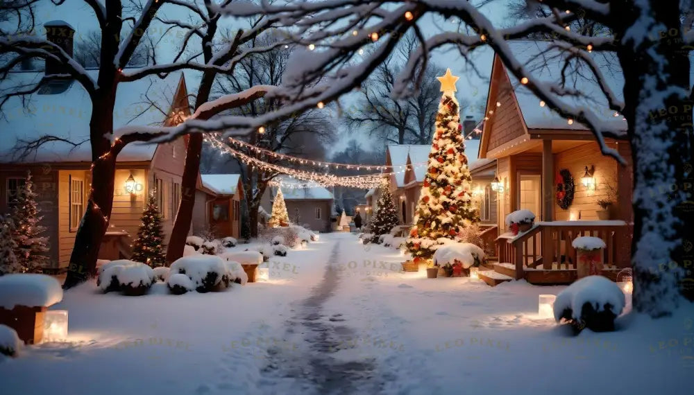 A charming snowy lane lined with warmly lit cottages and sparkling decorations sets the perfect holiday scene. Twinkling string lights drape across trees, while beautifully adorned Christmas trees with glowing stars light up the path. The serene winter setting exudes warmth, joy, and the festive spirit of the season. Ai generated image. Photography style.