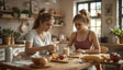 Two young women sit at a wooden table in a bright, cozy kitchen. One wears a white shirt, the other a pink tank top, both with tied-back hair. The table is adorned with fresh fruits, a banana, glassware, and wooden cutting boards. Sunlight streams through large windows, illuminating shelves lined with plants, dishes, and décor in the inviting space. Ai generated. Photography style.