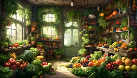 A warm, rustic room brimming with vibrant fruits and vegetables. Baskets and shelves hold apples, oranges, bananas, lettuce, and more, while sunlight streams through windows covered with lush greenery. Wooden beams and a vintage door add to the natural, inviting atmosphere. Vibrant colors of produce create a lively and abundant setting, complemented by hanging plants and jars on shelves. Ai generated. Digital art style.