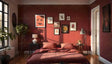 This bedroom has red walls decorated with framed floral art. A neatly made bed with matching red pillows and blankets rests against the wall. On one side, a black bedside table with a white lamp adds a modern touch, while a tall houseplant in a woven pot sits in the corner. A sleek floor lamp and a small round table with a plant complete the room's warm and inviting feel. Ai generated. Photography style.