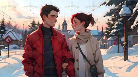 A cartoon-style image of a young couple walking arm-in-arm through a serene snow-covered village at sunset. The man, clad in a bright red jacket, gazes warmly at his partner, while she, wrapped in a cream coat and scarf, smiles back affectionately. Snow-laden trees, glowing streetlights, and charming rooftops frame the picturesque winter scene, adding warmth to the crisp, frosty air. Ai generated image. Cartoon style.