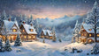 A serene winter village lies nestled among snow-covered pines and majestic mountains, glowing warmly under a pastel sky. Charming cottages with frosted rooftops radiate a cozy, festive atmosphere. Snowy paths wind between the homes, while falling snowflakes add a touch of magic to this idyllic seasonal retreat. Ai generated image. Digital art style.