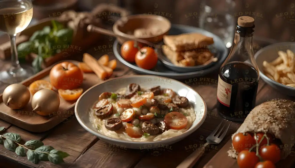 A beautifully plated dish of creamy pasta topped with roasted cherry tomatoes, sautéed mushrooms, and fresh herbs takes center stage on a rustic wooden table. Surrounding the dish are golden ornaments, a bottle of red wine, crusty bread filled with vine tomatoes, and side plates of crispy fries and breadsticks. Soft lighting enhances the warm, inviting tones, creating a cozy dining atmosphere. Ai generated. Photograhy style.