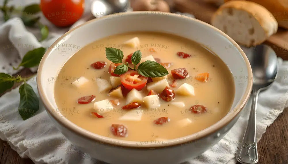 A bowl of creamy potato soup garnished with a fresh basil sprig sits atop a white cloth. The soup features diced potatoes, cherry tomato slices, and bits of sausage in a rich, pale broth. A silver spoon rests nearby, with fresh basil leaves and a ripe tomato adding to the rustic, inviting setup. A sliced loaf of bread in the background completes the warm, comforting presentation. Ai generated. Photography style.