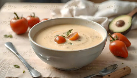 A bowl of creamy soup is on a wooden table, topped with a sprig of parsley and and cherry tomato cut in half. Around the bowl are fresh red tomatoes and a cut avocado. A shiny silver spoon is placed nearby, with a soft beige napkin in the background. The light shows the smooth soup, making it look warm and tasty. Ai generated. Photography style.