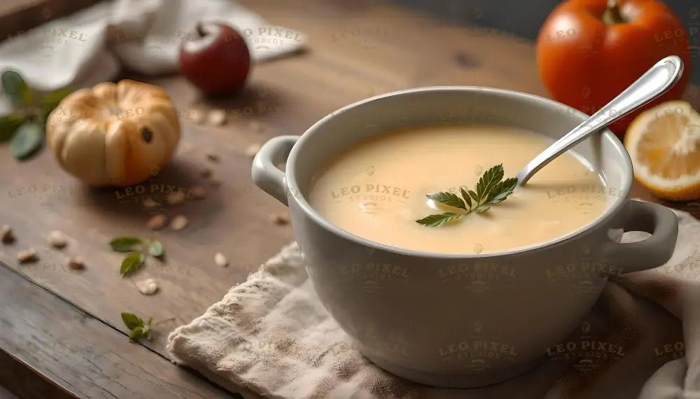 A white bowl filled with smooth, creamy soup is garnished with a fresh green parsley sprig. The bowl rests on a light beige cloth atop a rustic wooden surface. In the background, a vibrant orange tomato, a lemon half, and a small pumpkin add natural accents. The scene is softly lit, enhancing the warm and inviting colors of the composition. Ai generated. Photography style.