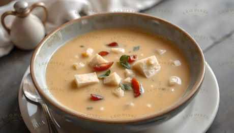 A warm bowl of creamy vegetable soup, rich in golden hues, garnished with small cubes of cheese, halved cherry tomatoes, and fresh basil leaves. The smooth texture of the soup contrasts with the toppings, creating a visually appealing and hearty dish. A silver spoon rests on a matching plate beneath the bowl, while soft white fabric and a ceramic jug in the background complete the cozy presentation. Ai generated. Photography style.