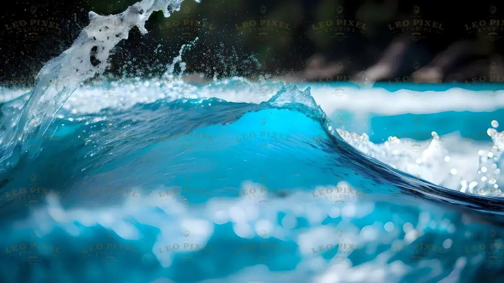 The image captures a close-up of a bright blue ocean wave as it rises and curls. Sunlight reflects off the surface, highlighting the smooth, glassy texture of the water. White foam sprays into the air, forming delicate droplets. The background is blurred with hints of dark land and more waves. The deep blue and turquoise shades contrast with the white splashes, creating a dynamic and fresh ocean scene. Ai generated. Photography style.