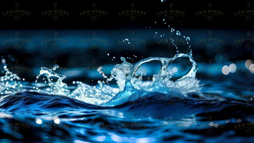 A close-up shot of a water splash captures droplets frozen in mid-air against a deep blue background. The sharp details highlight the texture of the liquid as it moves, with light reflections adding depth and contrast. The focus on the splash creates a crisp foreground, while the blurred background enhances the sense of motion. The dark and bright tones create a striking visual balance. Ai generated. Photography style.