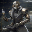 A sleek cyberpunk alchemist adorned with intricate brass and chrome enhancements. The character holds a vial, hinting at mysterious experiments. Their modular arms and detailed armor suggest a mastery of both science and combat. Set against a futuristic lab backdrop, this figure embodies innovation, mystery, and the relentless pursuit of knowledge in a cyberpunk realm. Ai generated image.