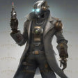 A cyberpunk character radiating futuristic innovation, featuring illuminated goggles and a cybernetic mask. His layered coat integrates advanced gadgets and mechanical enhancements, symbolizing a fusion of utility and style. The glowing core on his chest suggests a power source, while a high-tech tool in hand highlights his precision. This character embodies a high-tech, dystopian aesthetic, blending industrial design with cutting-edge technological sophistication. Ai generated image.