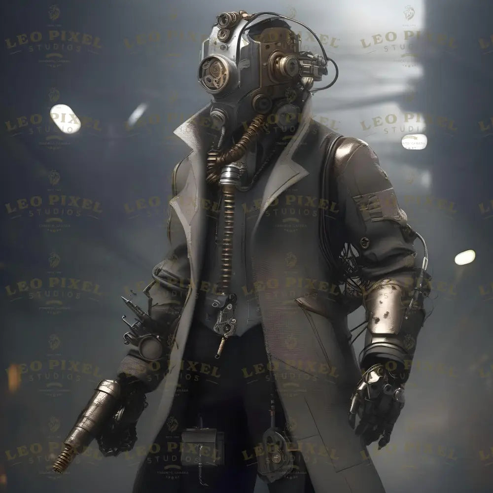 This cyberpunk character showcases advanced cybernetic augmentation, blending human ingenuity with cutting-edge technology. Adorned with a sleek, metallic trench coat and intricate robotic enhancements, his design emphasizes precision and functionality. A mechanical arm, wired systems, and luminous details underline his expertise in a dystopian, tech-driven realm. The atmospheric background evokes a futuristic world where innovation and survival intersect seamlessly. Ai generated image.