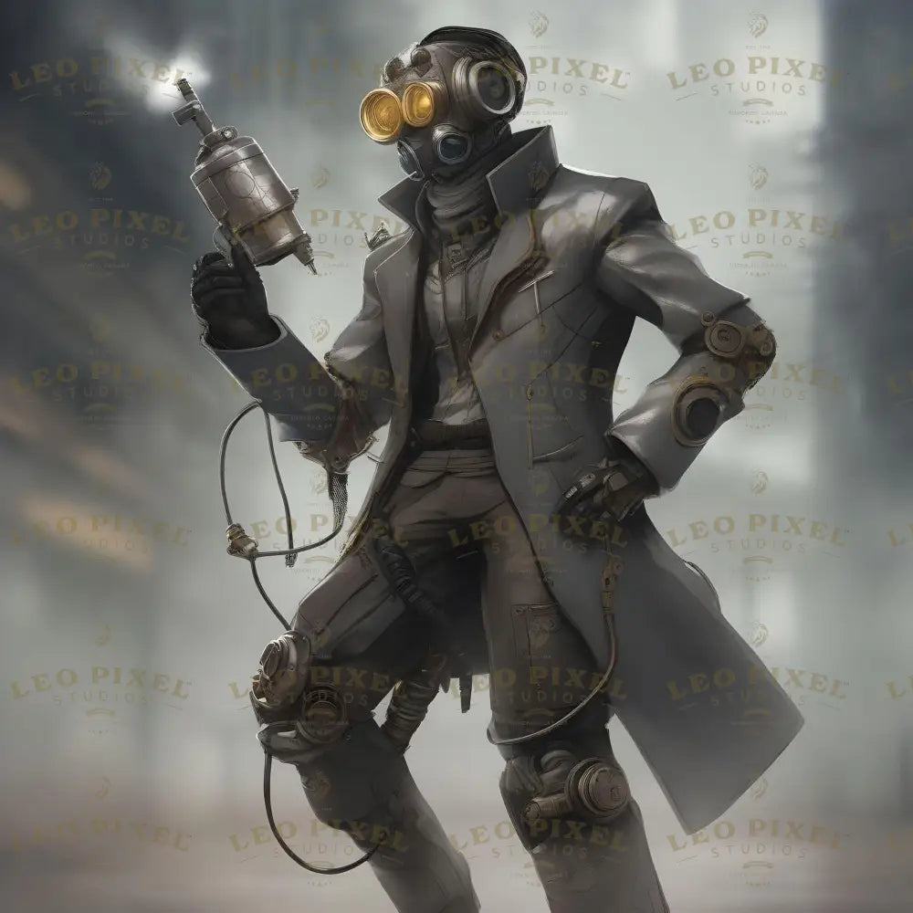 This cyberpunk character showcases an innovative fusion of futuristic technology and gritty urban aesthetics. Donning a long, weathered coat with integrated wiring and cybernetic enhancements, he wields a sophisticated, tech-laden device, symbolizing mastery of advanced tools. His glowing goggles radiate determination, while the dystopian backdrop emphasizes his role as a resilient figure navigating a high-tech, chaotic world of tomorrow. Ai generated image.