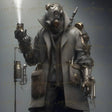 This cyberpunk chemist, clad in a futuristic trench coat, merges precision with innovation. Equipped with intricate mechanical arms, portable laboratory tools, and a glowing vial, the character is a master of chemical engineering in a dystopian realm. A gas mask and augmented sensors emphasize adaptability and survival in a world dominated by technology and peril.  Ai generated image.