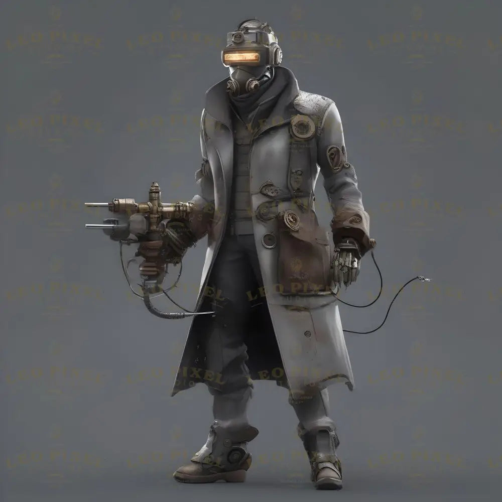 Equipped with a glowing visor and intricate mechanical enhancements, this cyberpunk field engineer wields a custom-built energy tool designed for repairs and combat. With a tattered, insulated coat and rugged cybernetic limbs, they navigate futuristic landscapes, blending practicality and resilience. Their precise design reflects a fusion of innovation and survival. Ai generated image.